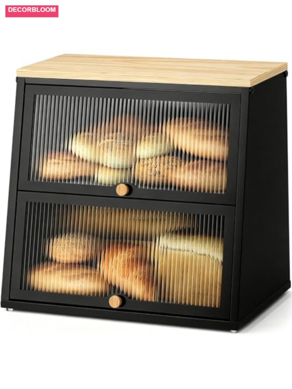 2-Tier Bread Box Storage Container with Bamboo Top and Acrylic Wavy Door
